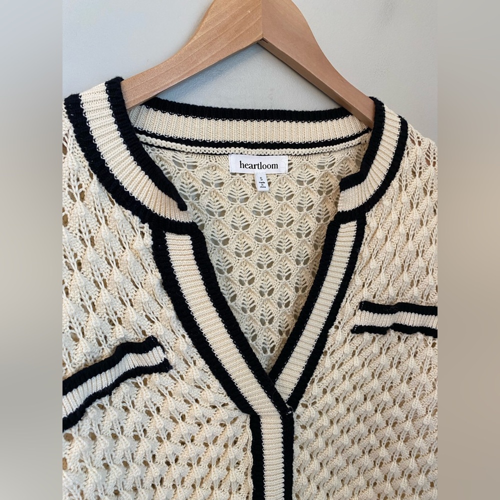 Heartloom Sybil Sweater Crochet Knit V Neck Ivory Size Small Preppy Cottagecore - Picture 3 of 16